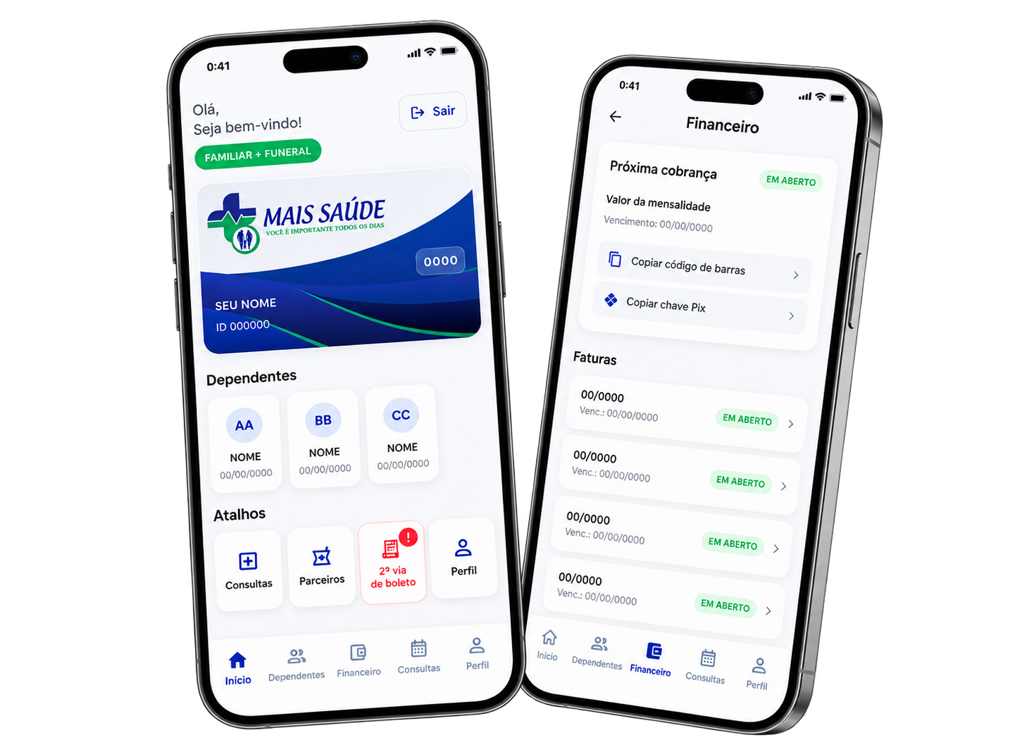 Capturas de tela do aplicativo Mais Saúde mostrando a carteirinha digital, os dependentes e o painel financeiro com boletos e chave Pix