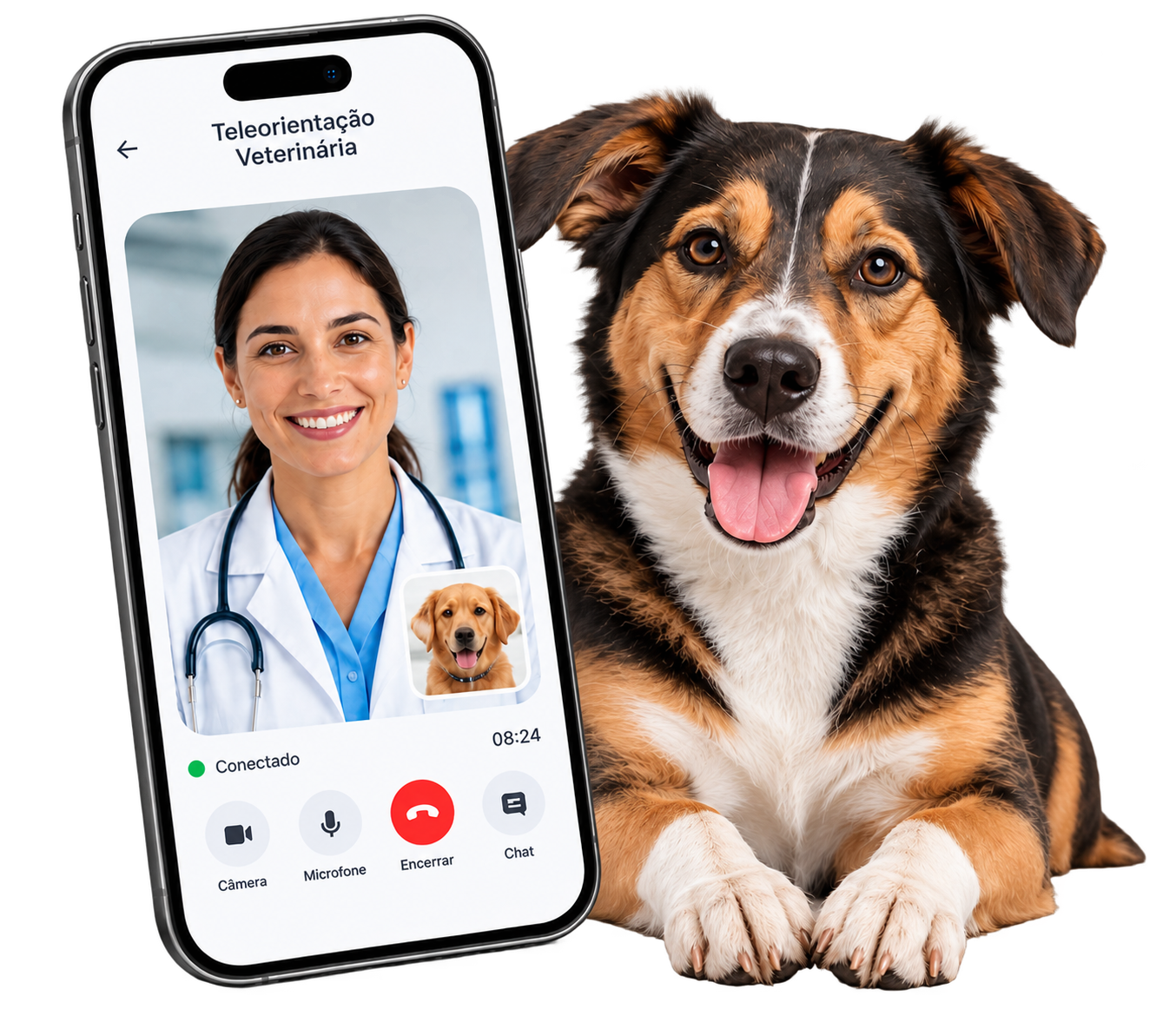 Ilustração promocional do TelePet Mais Saúde, serviço de teleorientação veterinária para cães e gatos